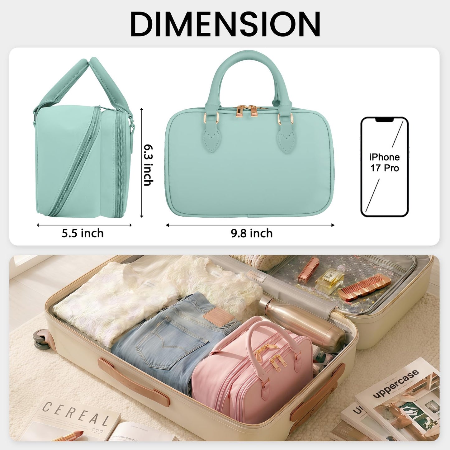Travel Makeup Bag for Women Fashion Large Capacity Pouch Open Flat Cosmetic Portable Organizer Waterproof Large Opening Storage Toiletry Bags Vertical Free-Standing Brush Holder for Easy Access Blue