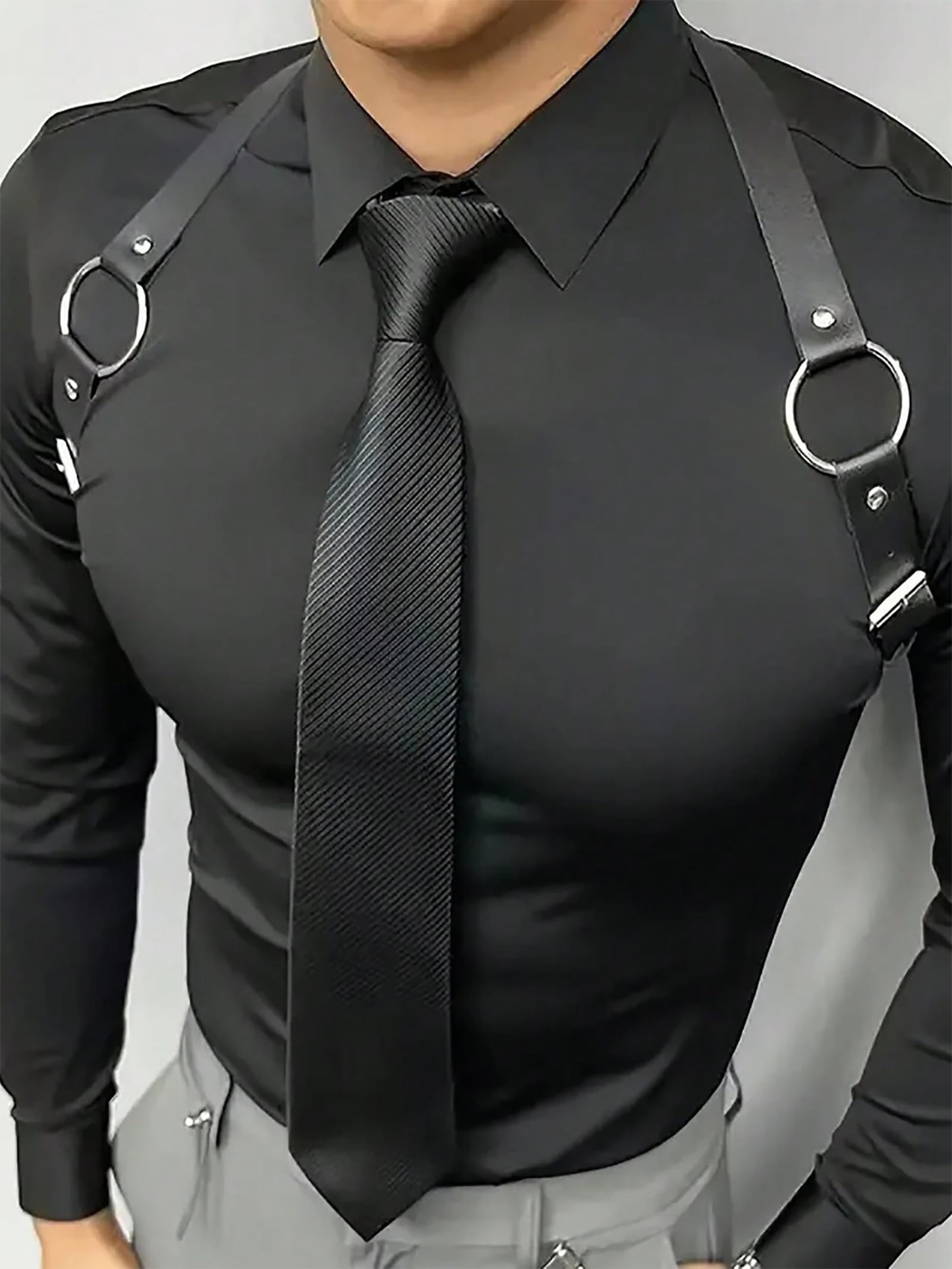 Men Faux Leather Chest Harness, Adjustable Shoulder Strap Harness with Alloy Rings, Gothic Punk Fashion Body Accessory for Festival, Rave, Stage Outfit