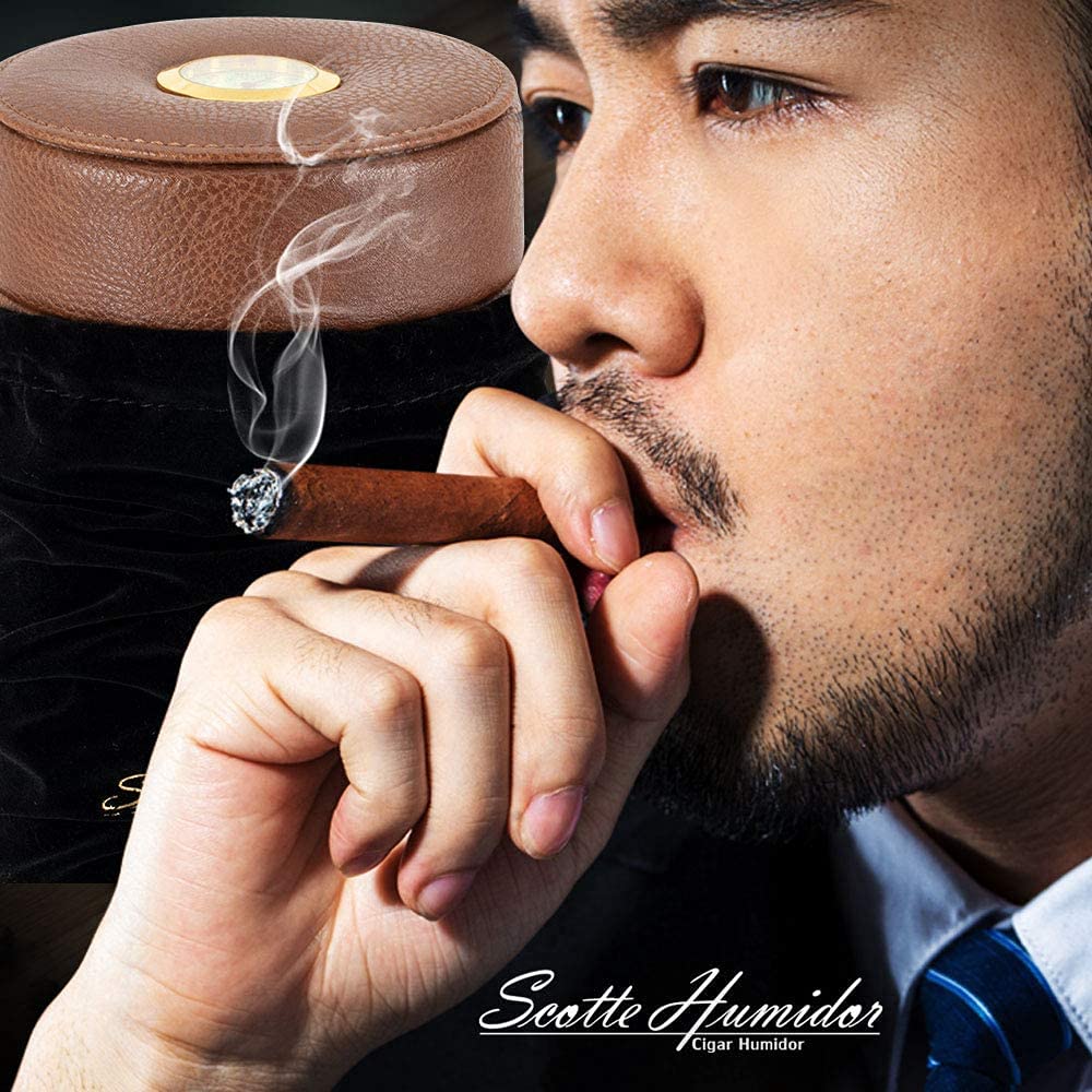 Scotte Cigar humidor case/jar,Leather Cedar Wood Cigar Canister Portable for 12-16 Cigar (Brown)