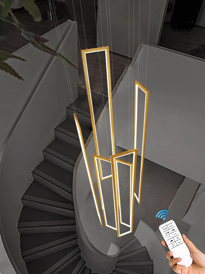 Flashing God Large Modern Chandeliers,Gold Chandelier with 6 Ring Led Foyer Chandeliers,High Ceiling Chandelier for Living Room,Rectangle Pendant Lights for Entryway Staircase LED Dimming 2700k-6001k