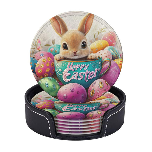 6 Pcs Easter Bunny Coasters for Drinks with Holder Round Leather Coasters Easter Coaster Sets Personalized Drink Coasters Coffee Table Cup Coaster Beer Coasters