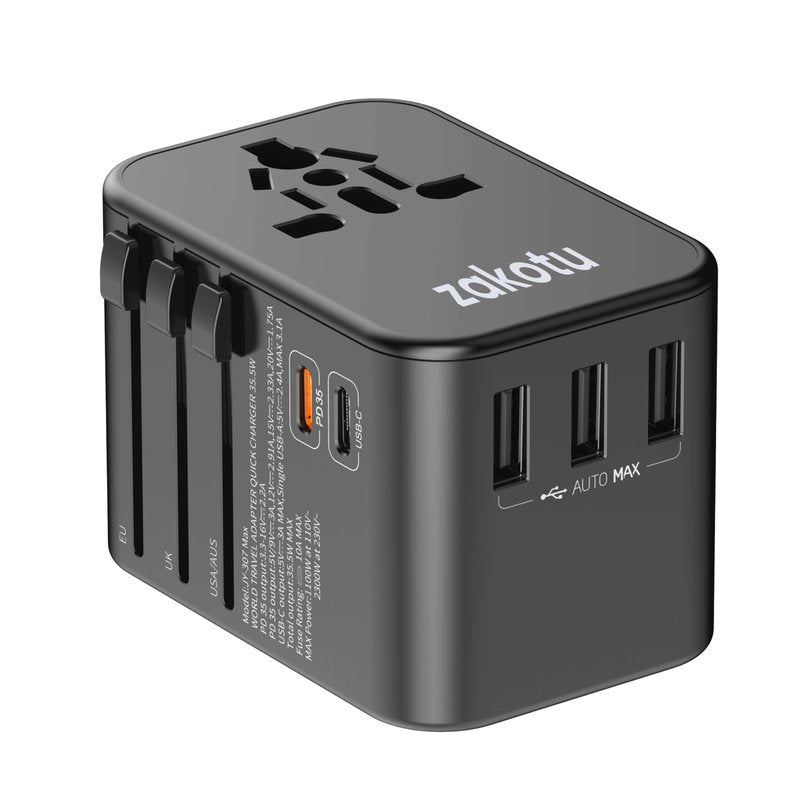 Universal All in One 35.5W Worldwide Travel Adapter with PD&QC 3.0 Dual USB-C, 3 USB Travel Adapter Worldwide, International Power Adapter with Type I C G A Outlets 110V 220V A/C-EU Euro US UK