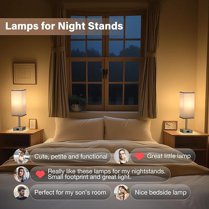 Fenmzee Grey Bedside Table Lamps for Bedroom Set of 2 - Small Rectangular Nightstand Lamp with AC Outlet Charging Port, 3 Color Temperatures Light, Tabletop Reading Lamp for Living Room/Dorm/Office