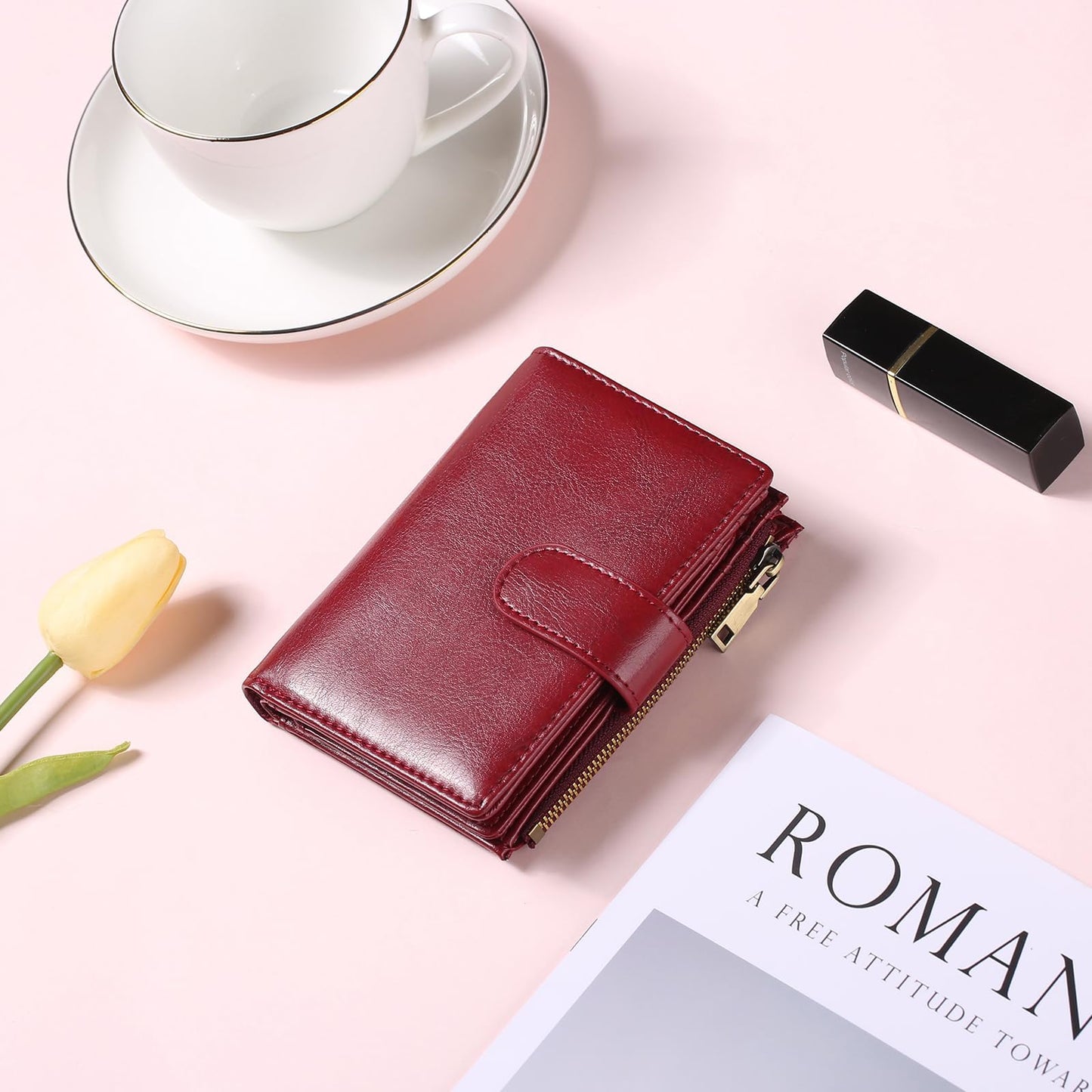 GAEKEAO Womens Wallet Small Vegan Leather RFID Blocking Bifold Zipper Pocket Wallet Card Case Purse with ID Window
