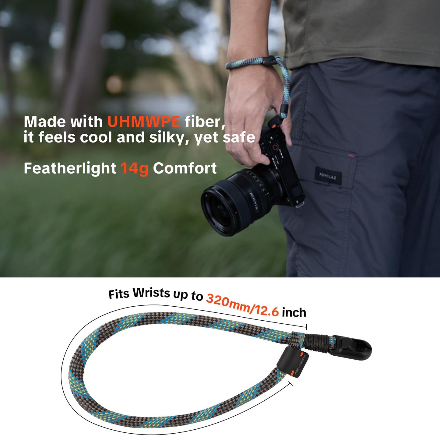 PGYTECH Camera Wrist Strap Slim Outdoor Style, Adjustable Quick Release Anti-Drop Camera Hand Strap for Sony/Nikon/Canon/Gopro Cameras/Mirrorless/Smartphone, 55.1lb Capacity, Aurora Blue