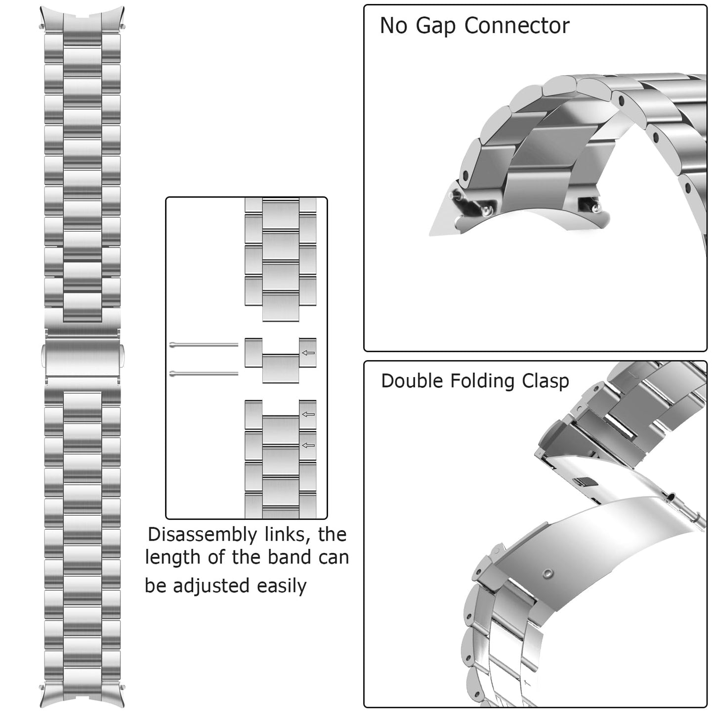 Anlinser No Gap Bands Compatible with Samsung Galaxy Watch 7/6/5/4/FE Band 44mm 40mm/Watch 6 Classic Band 47mm 43mm/Watch 5 Pro 45mm/Watch 4 Classic, 20mm Metal Strap for Women Men, Silver