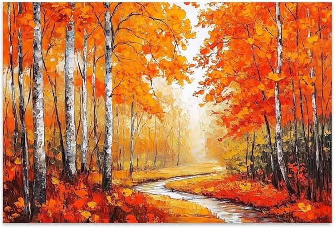 Yesad Autumn Canvas Wall Art, Fall Tree Forest Field Landscape Painting Fall Wall Art Prints Pictures Posters Artwork for Living Room Bedroom Bathroom Home Decor (Unframed,30”x20”,Tree & River)