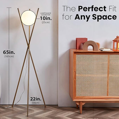 Ozarke Solstice Modern Frosted Glass Globe Floor Lamp (165cm) Contemporary LED Dimmable Lighting for Bedroom, Living Room, Hotel & Home Office (Gold)