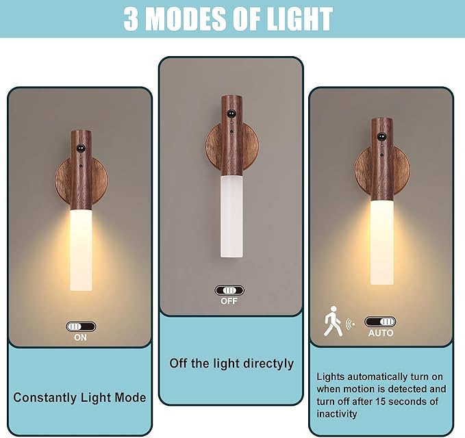 LANDGOO Modern Wood Wall Sconce with Motion Sensor & RGB LED Lights, Wireless Battery Operated Indoor Lighting for Living Room/Kitchen Décor