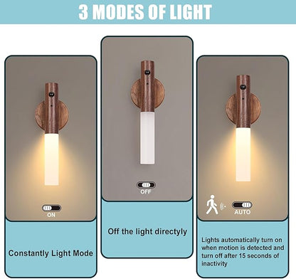 LANDGOO Modern Wood Wall Sconce with Motion Sensor & RGB LED Lights, Wireless Battery Operated Indoor Lighting for Living Room/Kitchen Décor