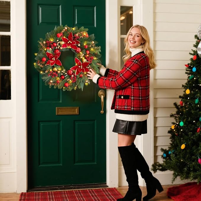 Christmas Wreaths for Front Door- 24 Inch Outdoor Prelit Christmas Door Wreath with Lights, Lighted Xmas Wreath with Poinsettia Flowers,Red Berries,Golden Ball- Home Christmas Decorations