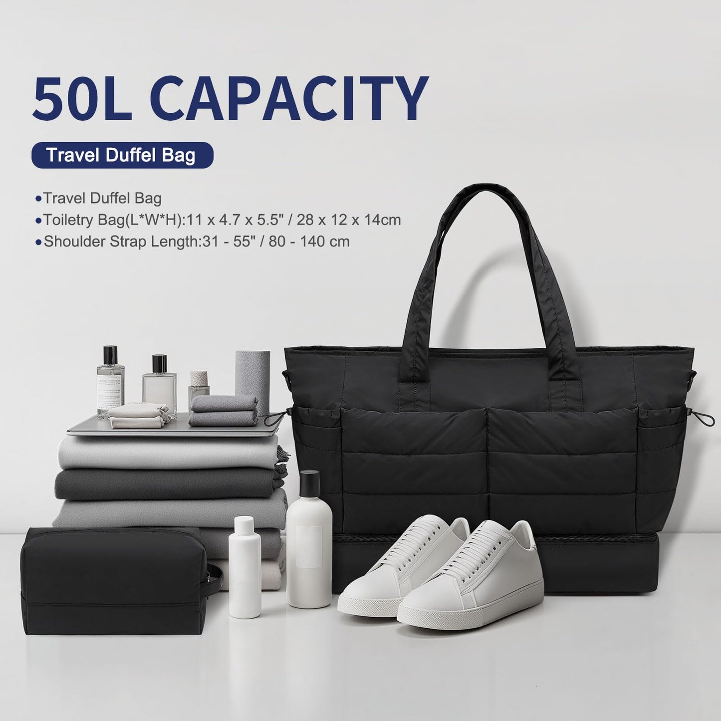 SUIKIHUM 50L Travel Duffel Bag for Women, Weekender Travel Bag with Shoe Compartment & Toiletry Bag, Overnight Carry On Bag for Gym Trip, Black