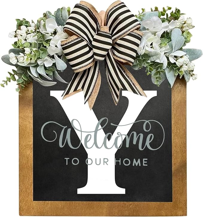 16'' Personalized Last Name Welcome Sign, Door Wreaths for Front Door Outside, Spring Wreath for Front Door Decor, Farmhouse New Home Gifts for Home (Y)