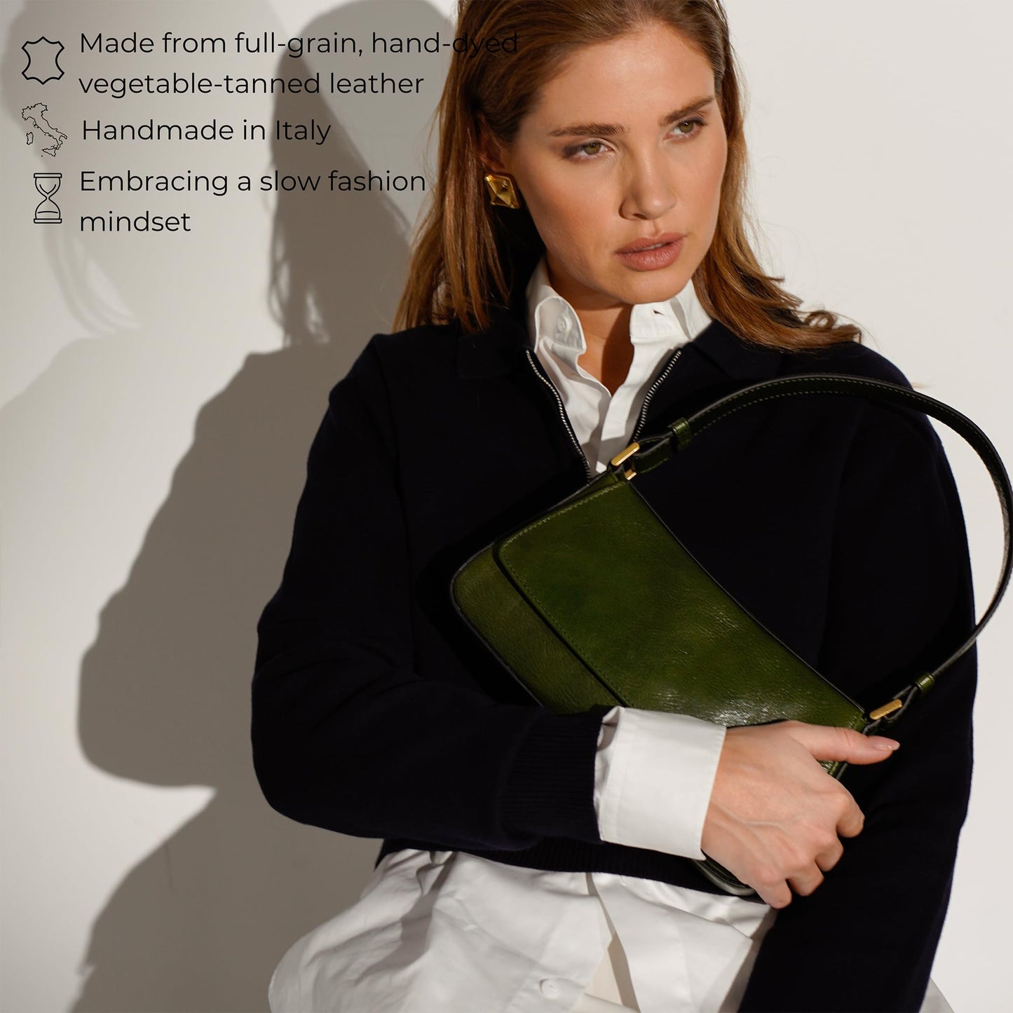 Time Resistance Leather Handbag - Full-Grain Leather Purse for Women - Shoulder Bag Made in Italy (Green)