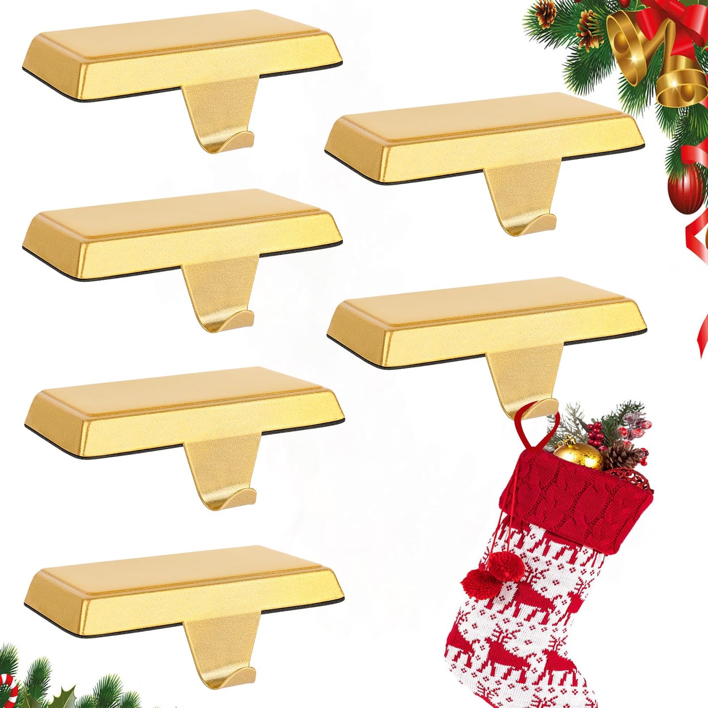 ToiULik Set of 6 Metal Christmas Stocking Holders for Mantle Heavy Duty Stocking Hangers Stocking Hook Christmas Ornaments for Counter Tables Window Fireplace Mantle Decoration(Gold)