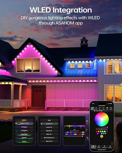 ASAHOM Permanent Outdoor Lights Pro S108D, 200FT with 144 RGBCW LEDs, WLED Integration, AI Lighting, 30000 Lighting Effect Combination, IP67 Waterproof for Halloween Christmas Daily Decor, Black