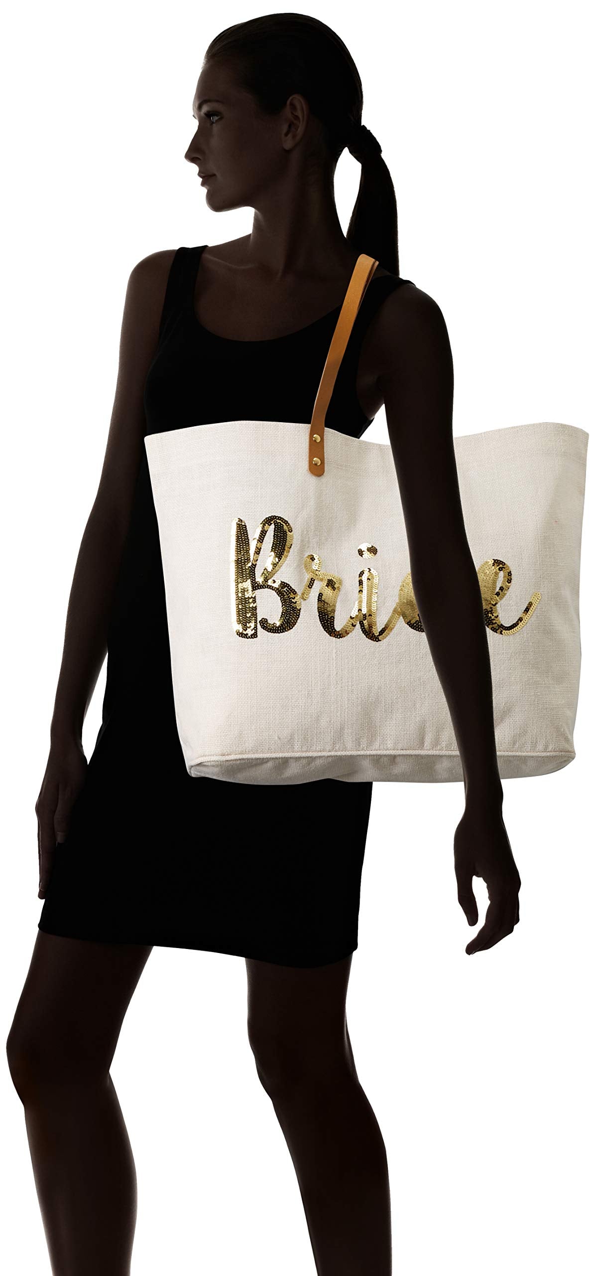 Mud Pie Bride Tote Bag, Bridal Shower Gift with Gold Sequin Script, Bridal Bag With Vegan Leather Handles