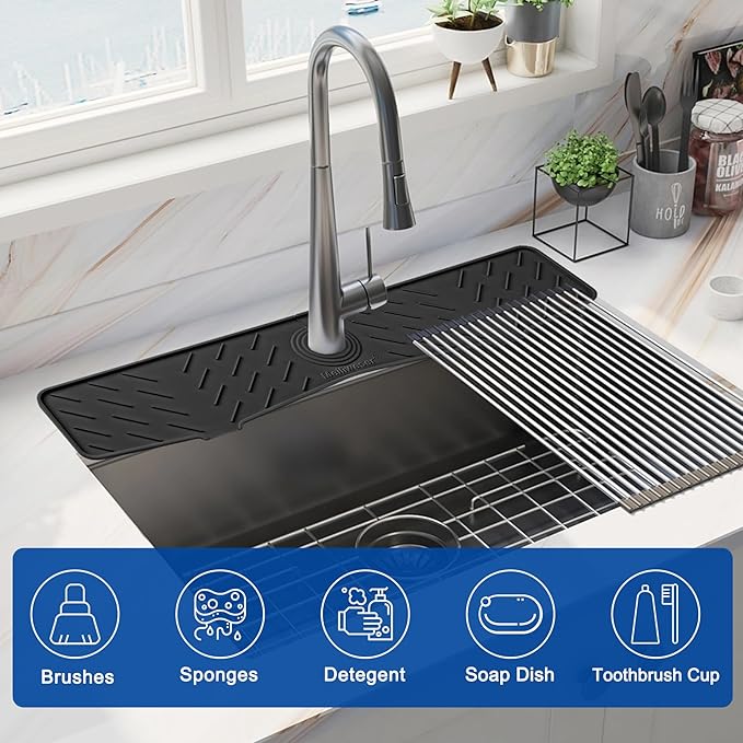 Meiliweser Faucet Mat for Kitchen Sink – 24” x 5.1” Extra-Long Silicone Splash