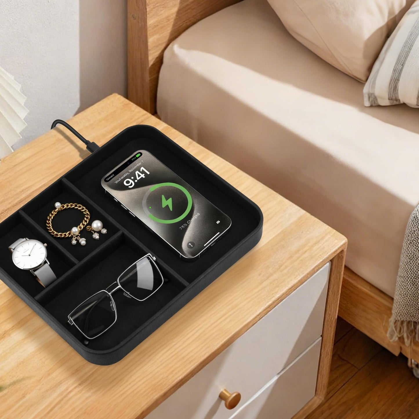 VOVIPO Birthday Gifts Bedside Organiser-Faux Leather Valet Tray With Wireless Charger For Phone And Earbuds,Nightstand Organizer,Mens Jewelry Box,Office Desk Organizers