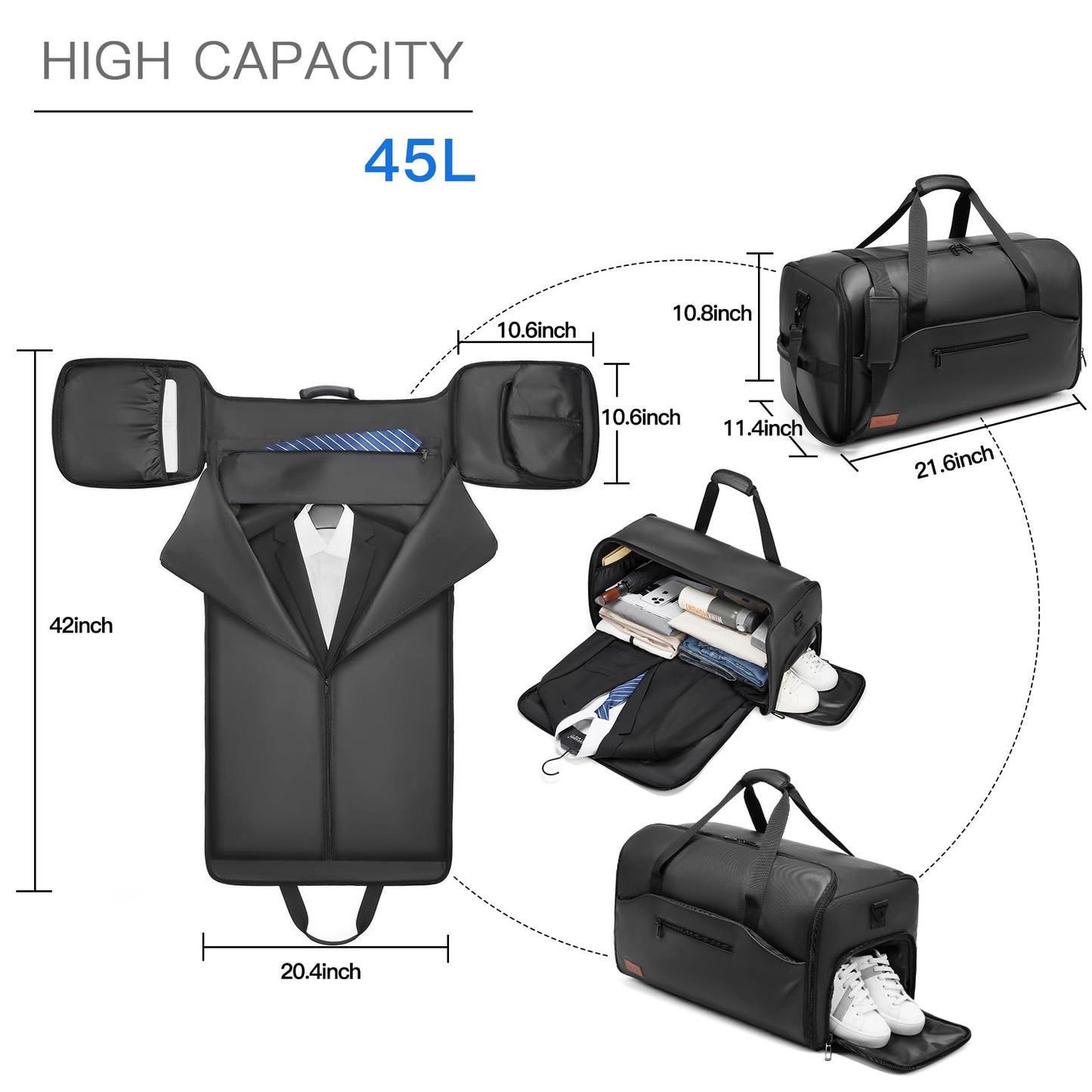 Garment Bags for Travel,45L Carry on Convertible Garment Duffle bag for Men Women - 3 in 1 Hanging Suit Travel Bag with Shoulder Strap