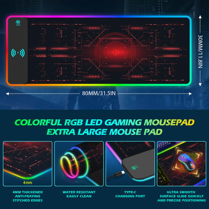 ToLuLu RGB Gaming Wireless Charging Mouse Pad, 5/7.5/10/15W 10 Light Modes LED Mouse Pad Computer Keyboard Mat Mousepad, 800x300x4MM Extended Large Desk Mat for Gaming, MacBook, Laptop, PC, Galaxy