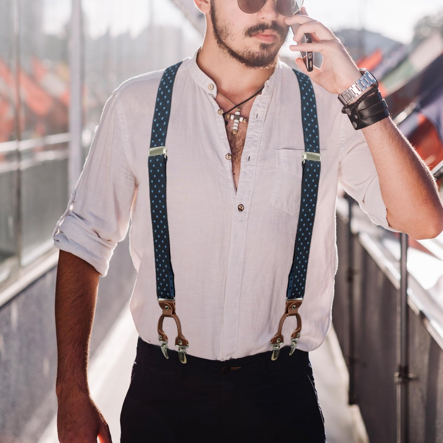 LEHOMU Suspenders for Men with leather 6 Heavy-Duty Clips, 1.4 Inches Wide Men's Suspenders Y-Back Adjustable Elastic Fit for Work or Casual Wear，Tibetan Blue Dots