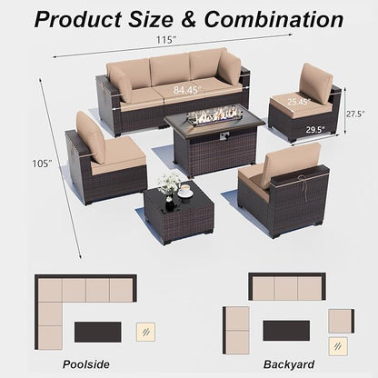 ALAULM 8 Pieces Patio Furniture Set with Propane Fire Pit Table Outdoor Sectional Sofas 55000BTU Gas Fire Pit Brown PE Rattan Patio Conversation Set w/6 Seat Cushions-Sand