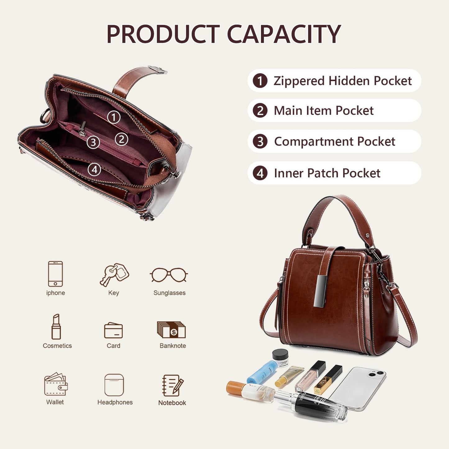 MoreFarther Genuine Leather Crossbody Bags for Women, Genuine Leather Purses Bucket Bags Shoulder Bag with Adjustable Shoulder Straps (White)