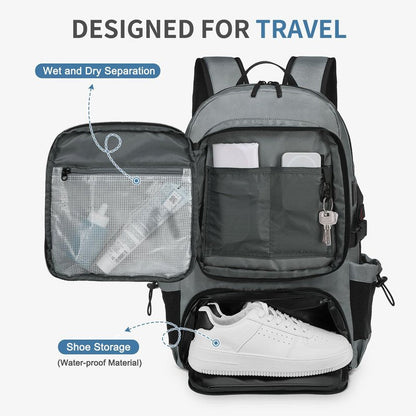 SUIKIHUM Travel Backpack 35L TSA Approved Carry on Backpack with Shoe Compartment & Wet/Dry Separation, Laptop Bag Fits 18.4 Inch Computer, Water Resistant Backpack for Men Women, Grey
