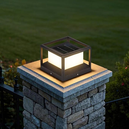 Solar Post Light Outdoor, 9.1" Modern Pillar Lamp Waterproof, Aluminum Column LED Lantern Fence Deck Cap Lights Dusk to Dawn, 3000K Landscape Lighting for Patio Driveway Pathway Garden Entrance