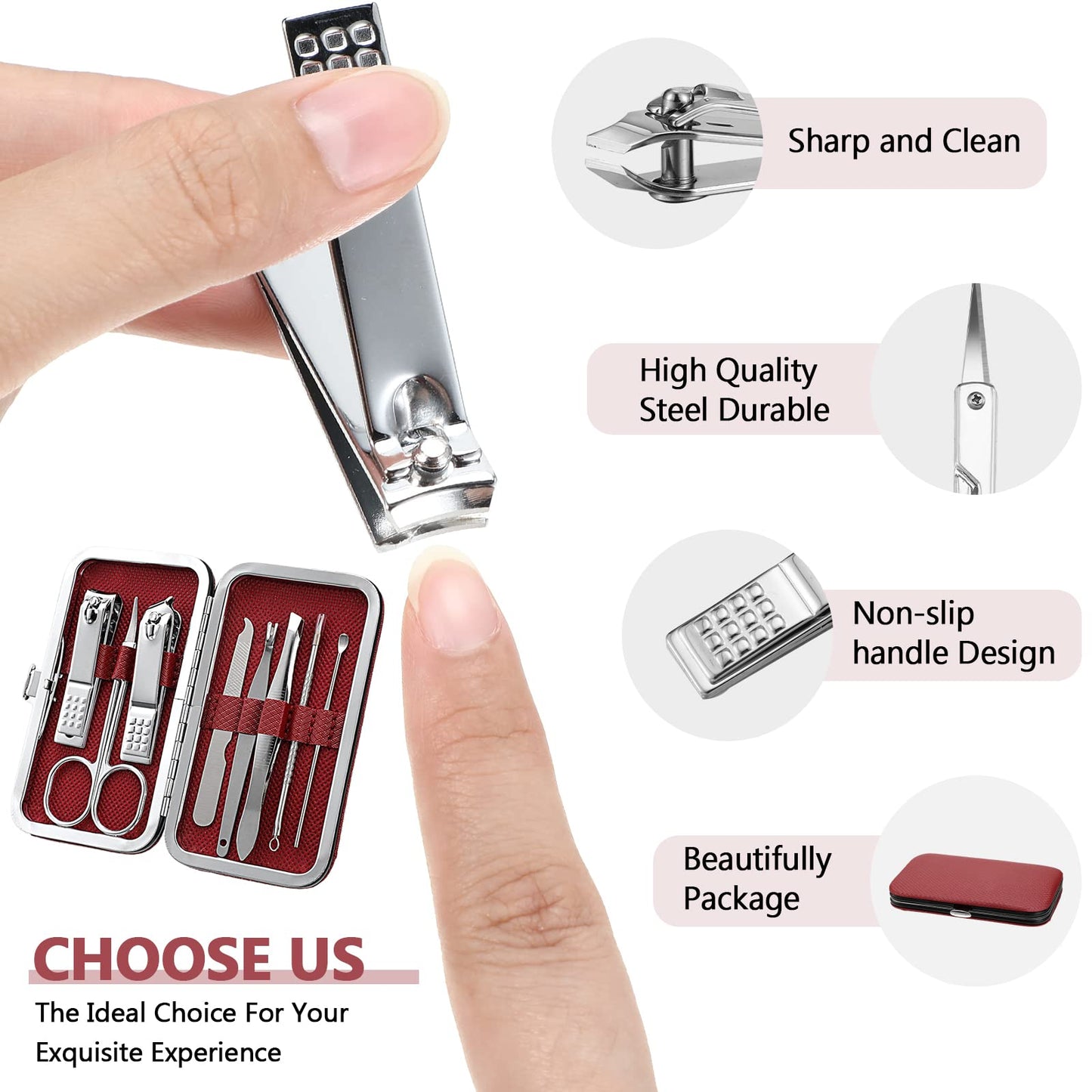 Geosar 12 Sets Manicure Set Nail Clippers Pedicure Kit 8 in 1 Grooming Stainless Steel Kits Nail Care Tools with Travel Case for Employee Coworker Teachers Nurse Gifts(Wine Red)