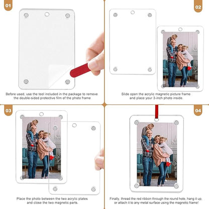 Christmas Photo Ornament Set of 4, 3x2 Inch Clear Acrylic Hanging Picture Frame for Family Photo, Christmas Tree, Holiday Decoration, Multifunctional Magnetic Picture Frames for Car and Fridge Decor