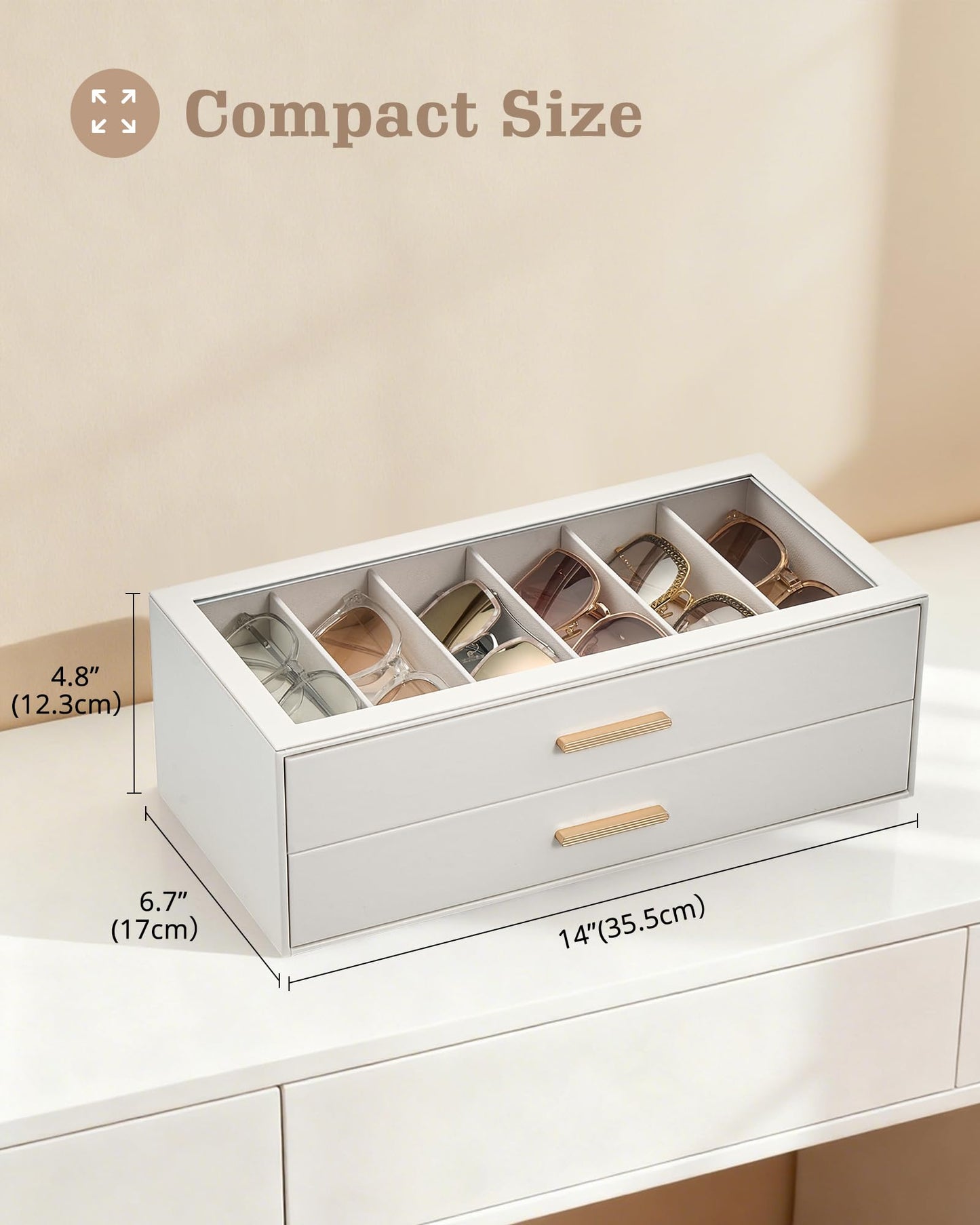 Lolalet 12 Slots 2-Layer Sunglasses Storage Box for Women, Eyewear Eye Glass Sunglass Organizer with Clear Top Lid Display Holder Case for Eyeglass Watch Jewelry -Beige