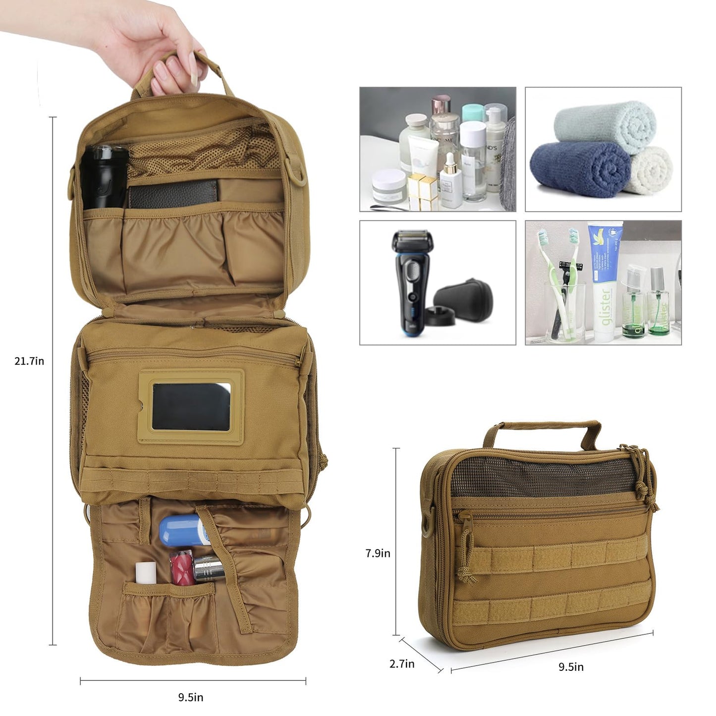 SUNRISING Tactical Travel Toiletry Bag for Men and Women, Hanging Travel Toiletry Organizer Dopp Kit, Toiletries Shaving Hygiene Bathroom Bag,Men's Toiletry Bag for Short Trips Camping - Khaki