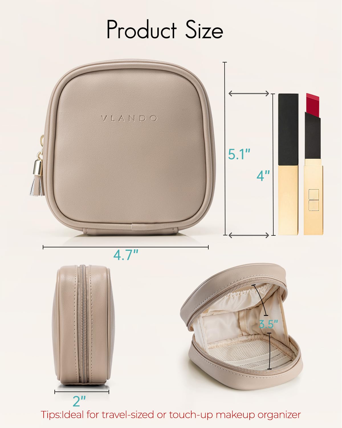 VLANDO Mini Makeup Bag, Small Makeup Bag for Purse with Slip-in Pockets, Portable Travel Toiletry Bag with Zipper, Waterproof Travel Essentials for Women - Toffee