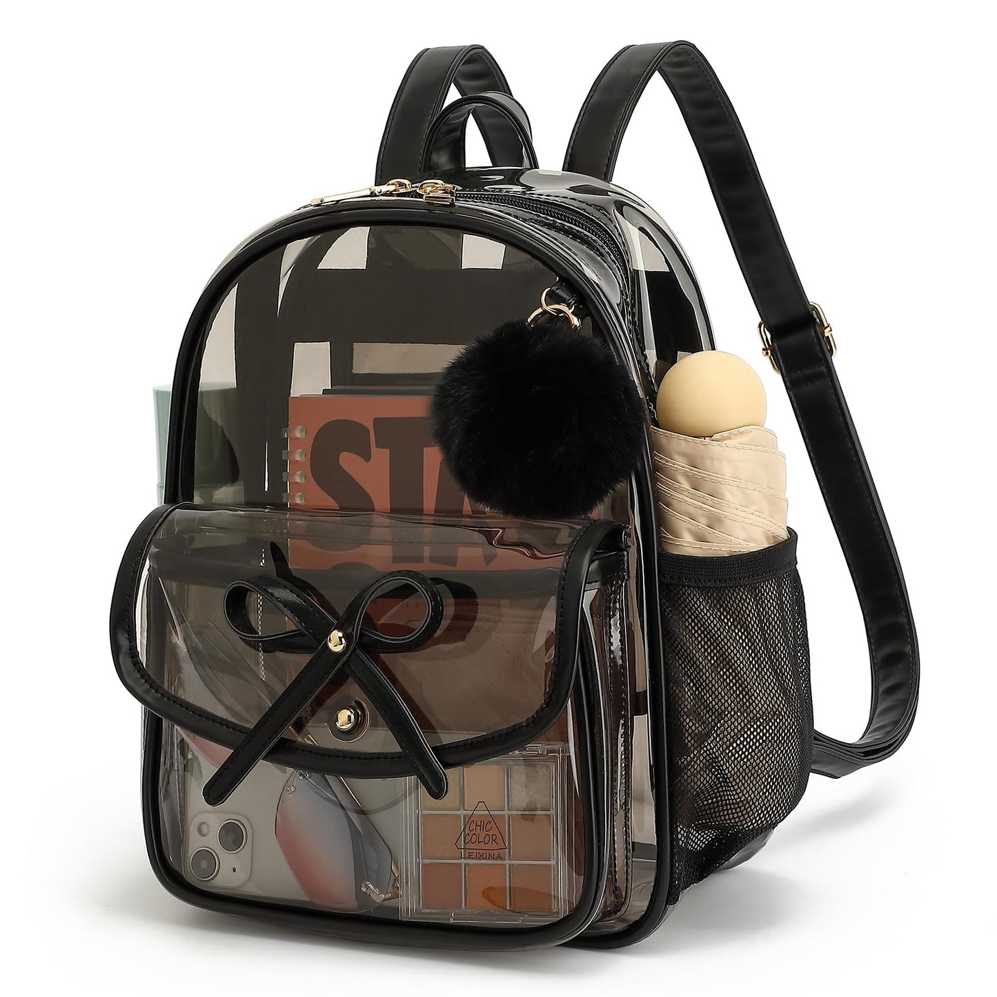 ASKSKY Clear Backpack for Stadium Events 12x12x6, Thick PVC Small Clear Bag with Leather Trim Fashion Women Backpack for Concerts, Sports, Festivals, Work, Travel-Black