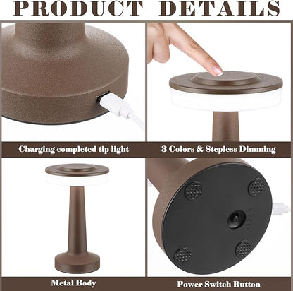 Riakrum Set of 2 LED Portable Cordless Table Lamp with Touch Sensor 3 Color Stepless Dimming Rechargeable Battery up to 15 Hours Cordless Table Light Wireless Lamp for Nursery(Brown,2 Pcs)