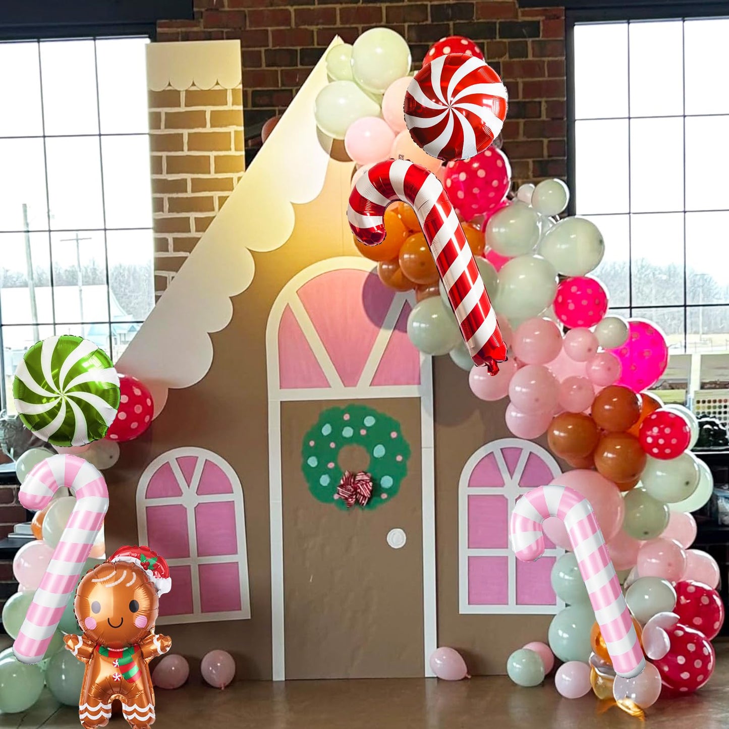 Gingerbread Balloon Arch Garland Kit, 126Pcs Pastel Pink Green Red Brown Christmas Balloon, Gingerbread Man Candy Cane Peppermint Foil Balloon for Christmas Xmas Cookie House New Year Party Decoration