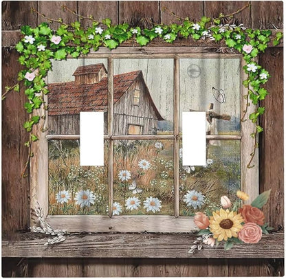 Farm Barn Farmhouse Rustic Country Flower Double Toggle Light Switch Cover Decorative 2 Gang Wall Plate Electrical Switchplate Faceplate for Bathroom Kitchen Decorate Accessories