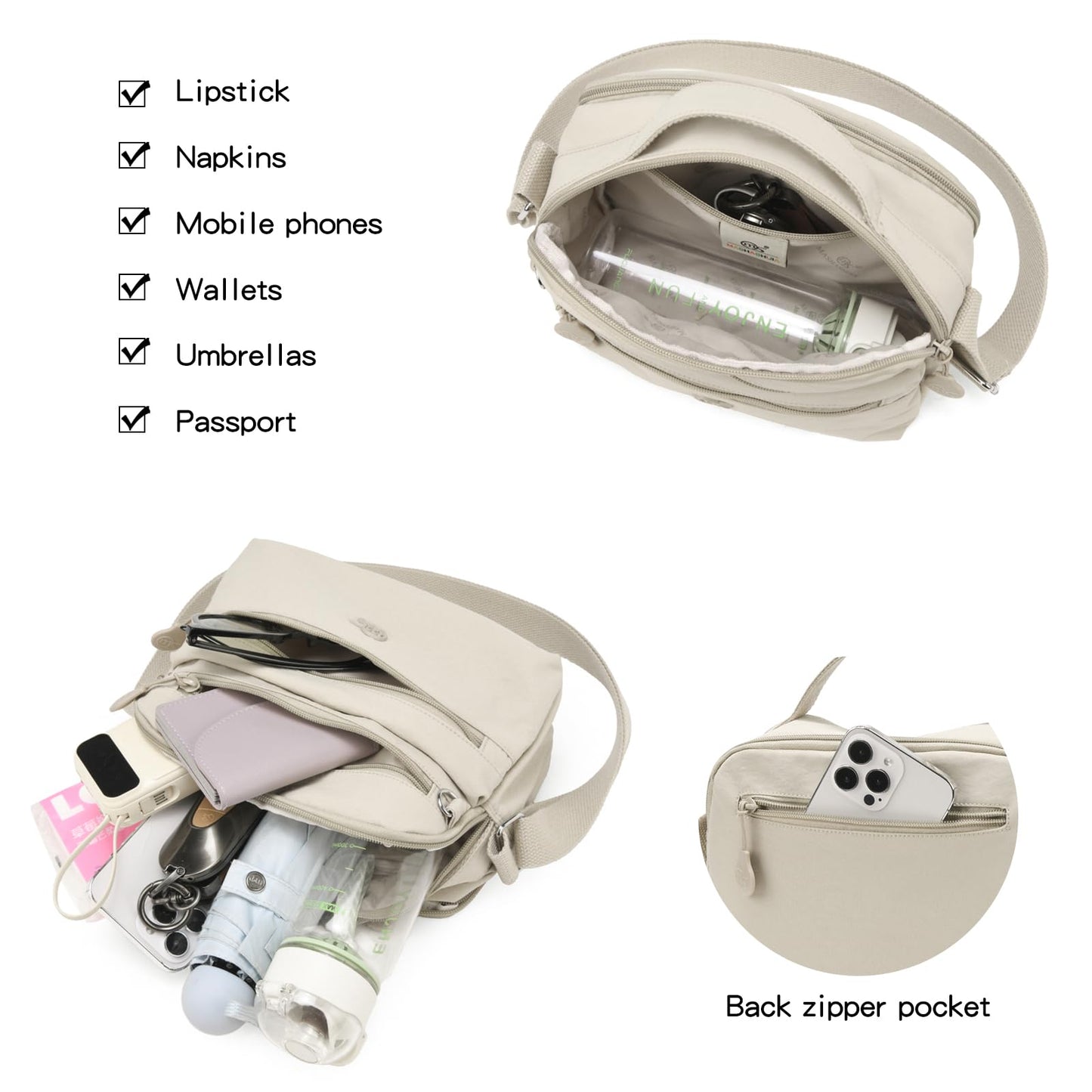 Eslcorrri Women Crossbody Bag Small Nylon Shoulder Purse Casual Neutral Light Multi Zipper Pockets Top-Handle Hobo Handbag -Sand