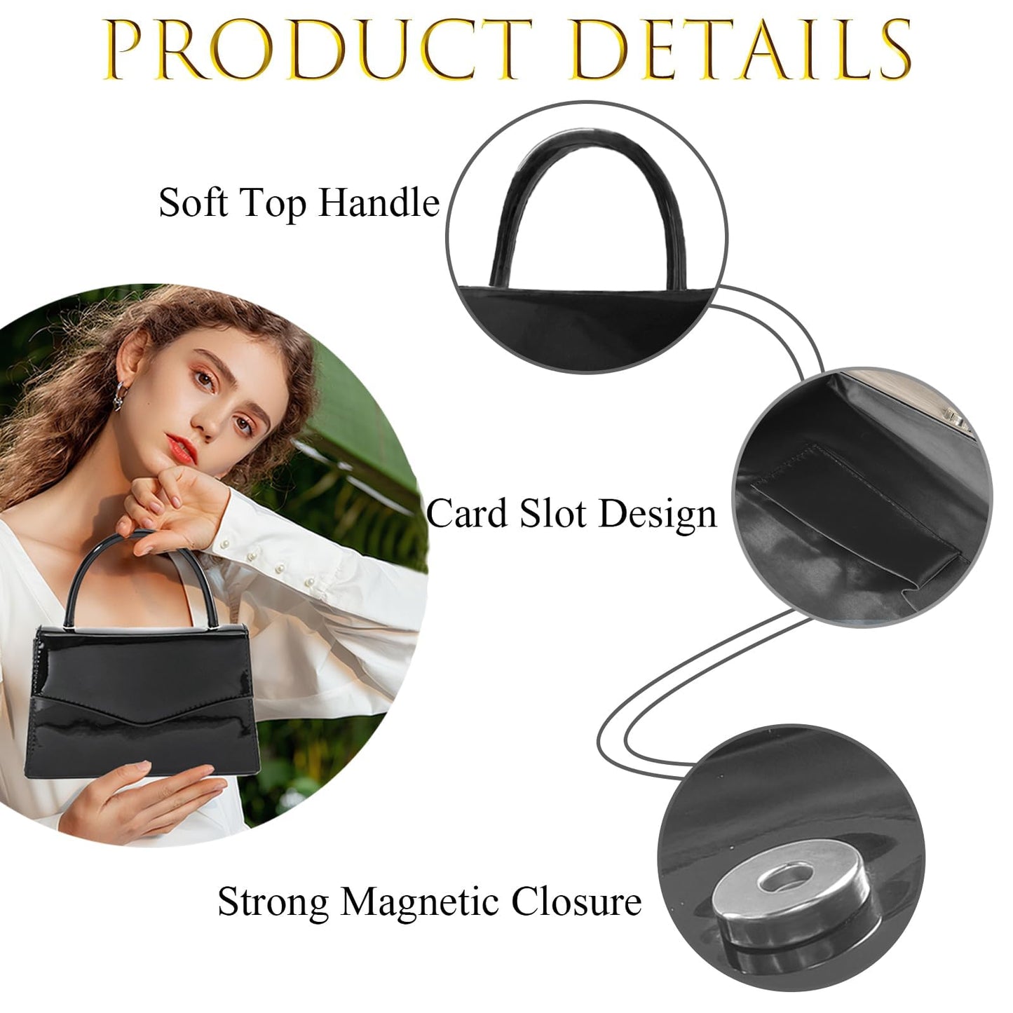 BYWAUQI Evening Clutch Purses for Women Patent Leather Purse Black Clutch for Formal Prom Wedding Party Brida Cocktail(Black)