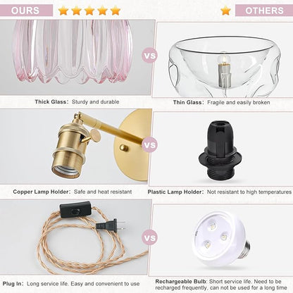 Plug in Wall Sconce, Vintage Sconce Light with Tulip Pink Glass Lampshade, 180° Adjustable Wall Sconce with Switch and Plug in Wall Lamp Cord, Gold Wall Light for Bedroom Bedside
