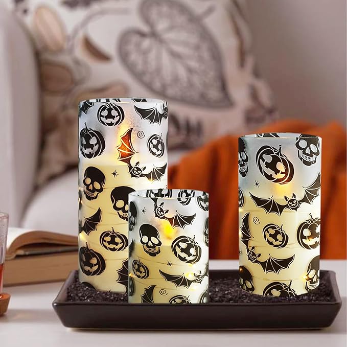 Flickering Flameless Candles Halloween Bat Embedded Star String Lights, Battery Operated Acrylic LED Pillar Candles with 11-Key Remote and Timer for Home Decoration, 3 Pack