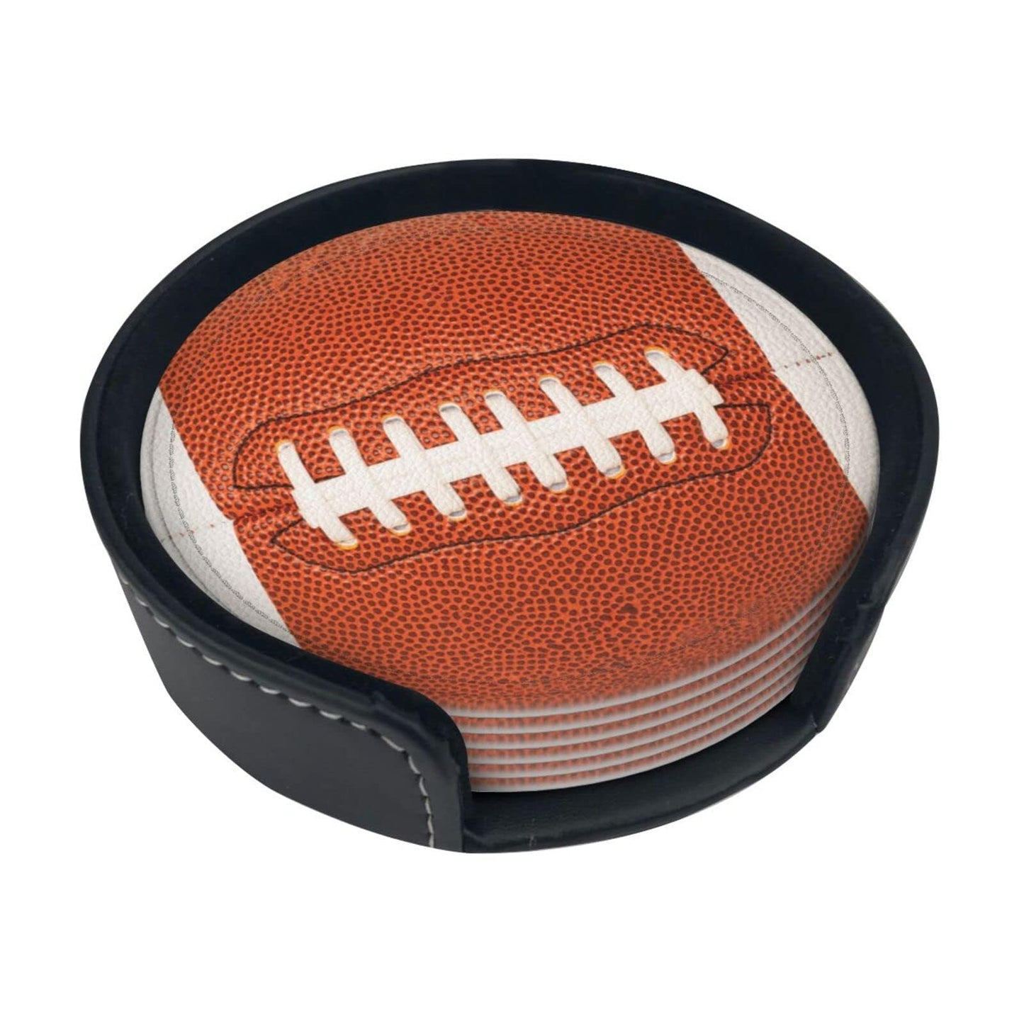 sunwarshile Football Coasters for Drinks with Holder Round Leather Coasters Set of 6 Cups Mugs Mat Pad for Home Kitchen Bar