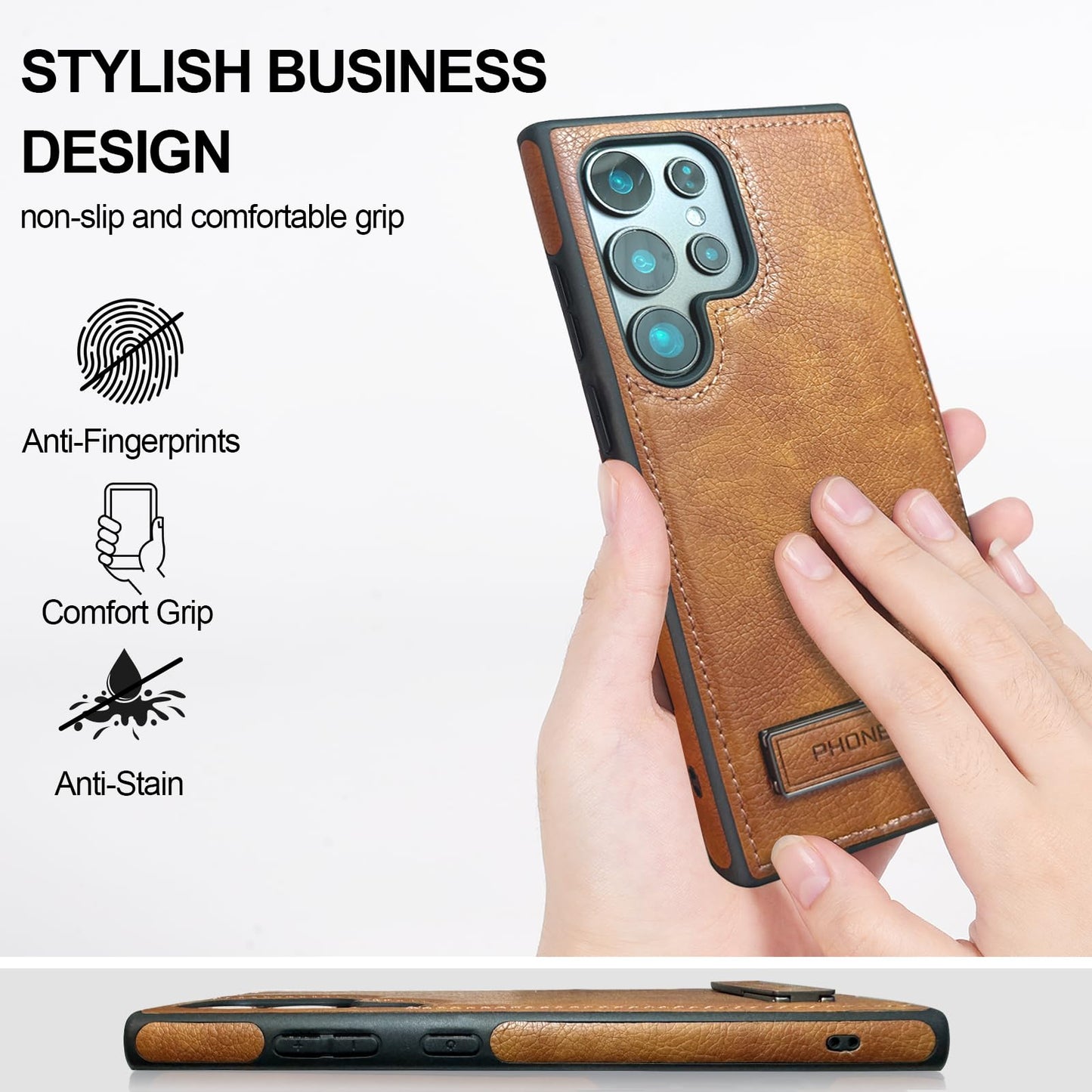 KSELF Leather Case with Stand for Samsung Galaxy S23 Ultra Case, Protective Soft Grip Luxury Cover for Men, Protective Slim Kickstand Shockproof Phone Cases Compatible with S23 Ultra 6.8", Brown