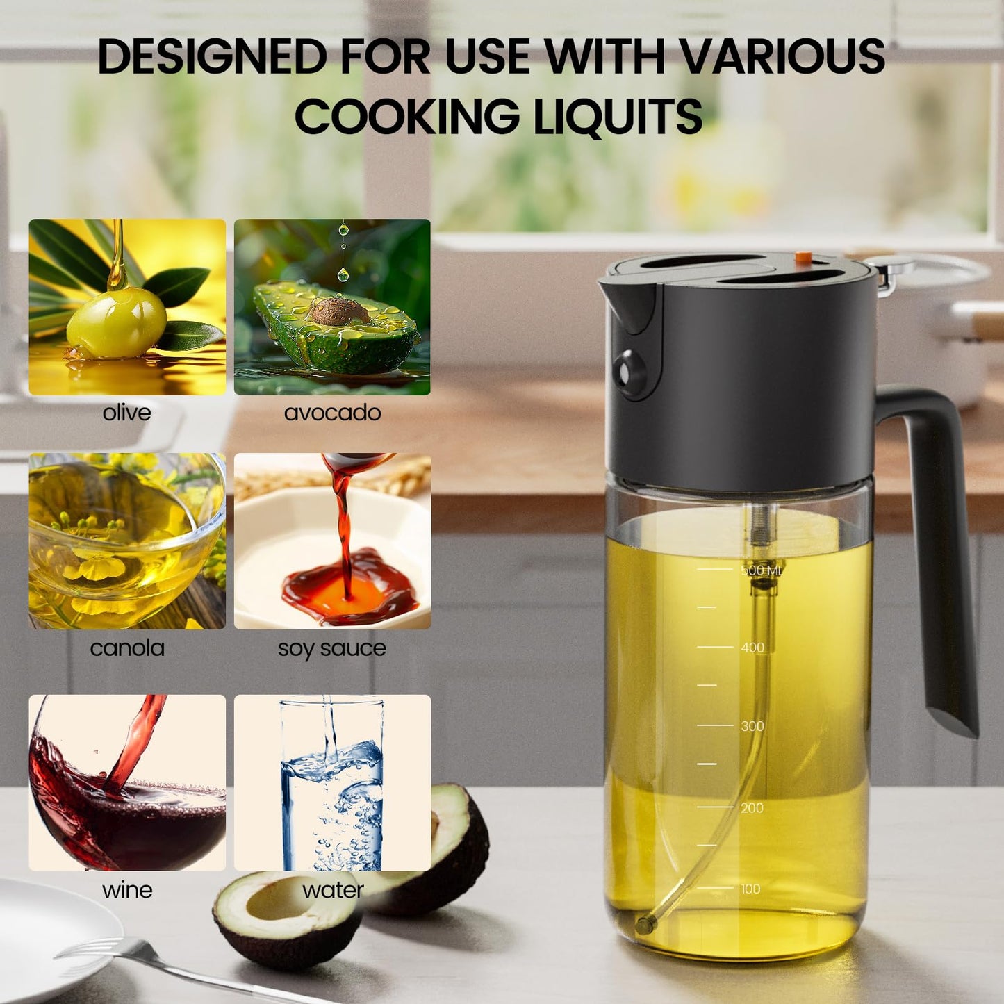 Costop Oil Sprayer for Cooking, 2025 Large Advanced Olive Oil Dispenser Bottle,500ml/17oz Glass Olive Oil Sprayer,2 in 1 Even Spray with Portion Control for Kitchen, Air Fryer, Salad, BBQ - Black