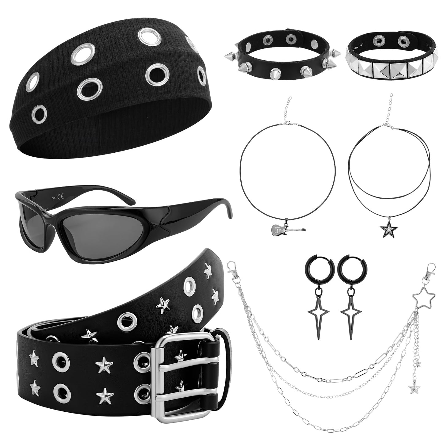 JATEBI 8 Pcs Gothic Punk Rock Accessories for Women, Y2K Accessories Set Black Studded Belt Bracelets Grommet Headband Punk Star Pants Chain Necklaces Earrings Sunglasses for Women