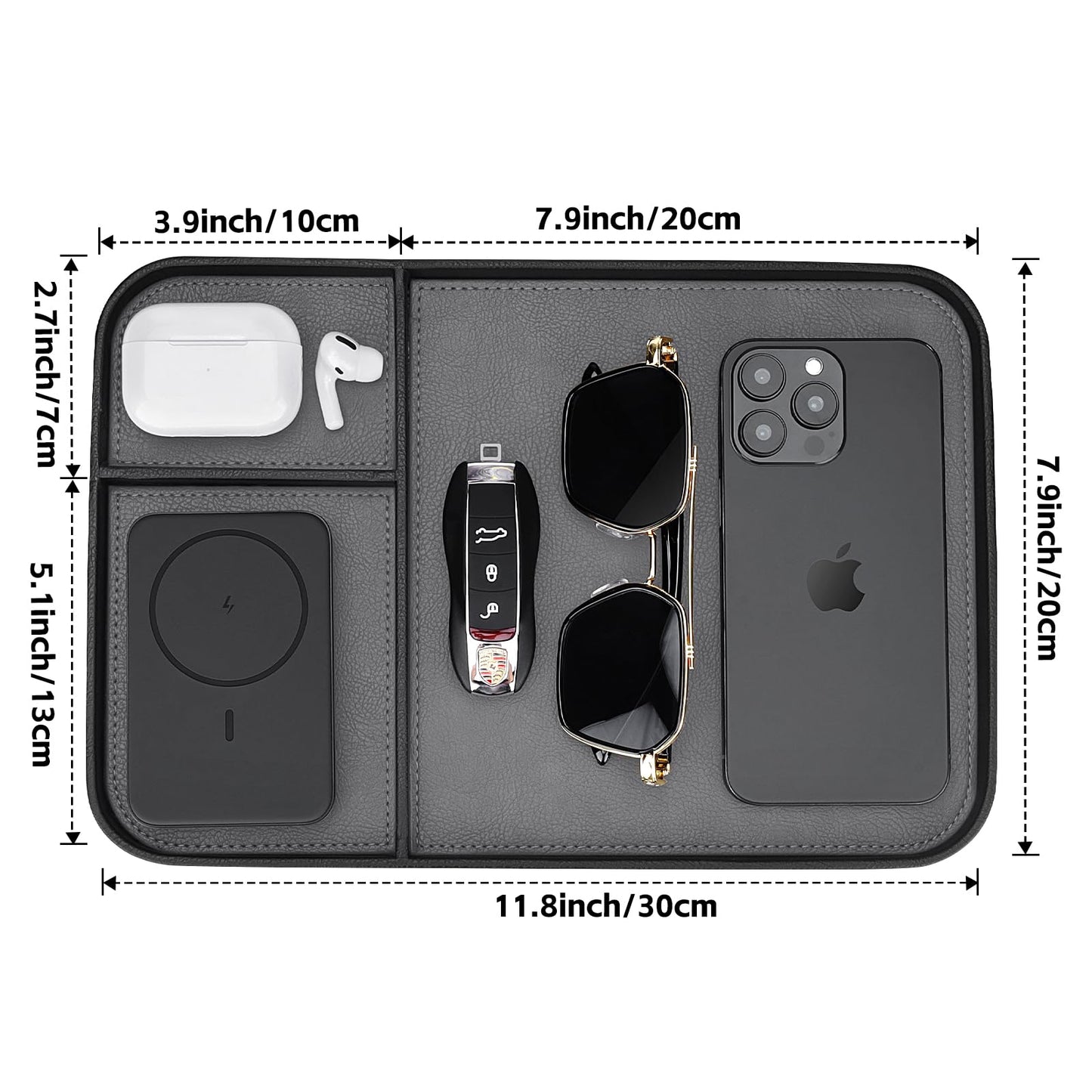 SENEN Leather Tray, Stylish and Organized Multifunctional Tray, for Table Entryway, Premium PU Leather, Catchall Tray for Keys, Watch, Wallet, Jewelry, and More (Black Frame)