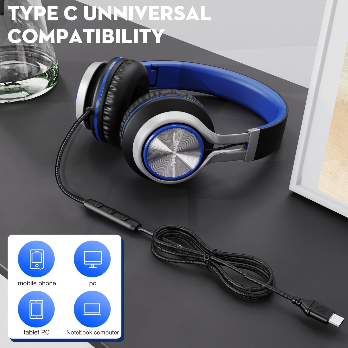 Bywulanda USB C Headphones with Mic and Volume Control, Over Ear Stereo Headsets for iPhone 15 16 Pro, Wired Foldable Headphones for Smartphones Chromebook Laptop Tablets Travel(Blue)