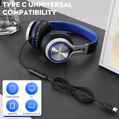 Bywulanda USB C Headphones with Mic and Volume Control, Over Ear Stereo Headsets for iPhone 15 16 Pro, Wired Foldable Headphones for Smartphones Chromebook Laptop Tablets Travel(Blue)